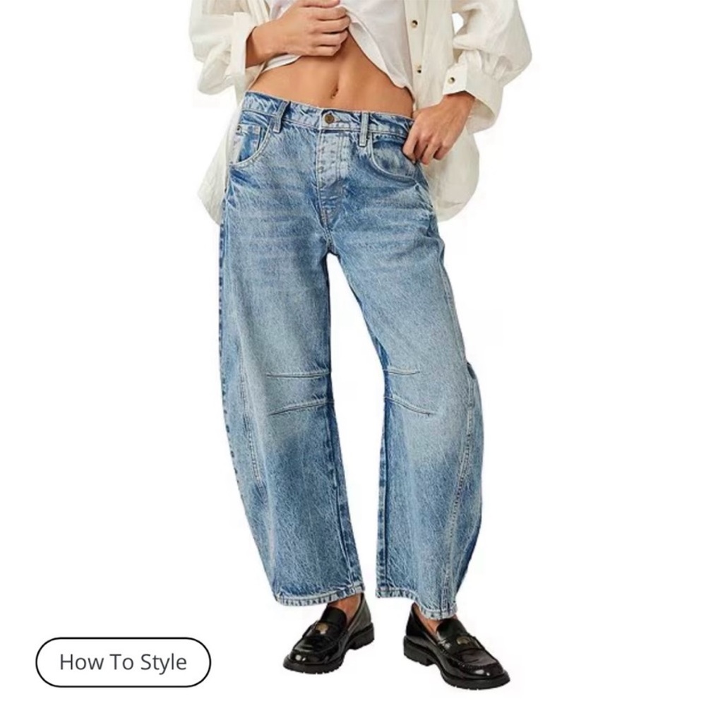NWT We the Free / Good Luck Mid Rise Barrel Jeans Size 28 Ultra Light Beam Blue
